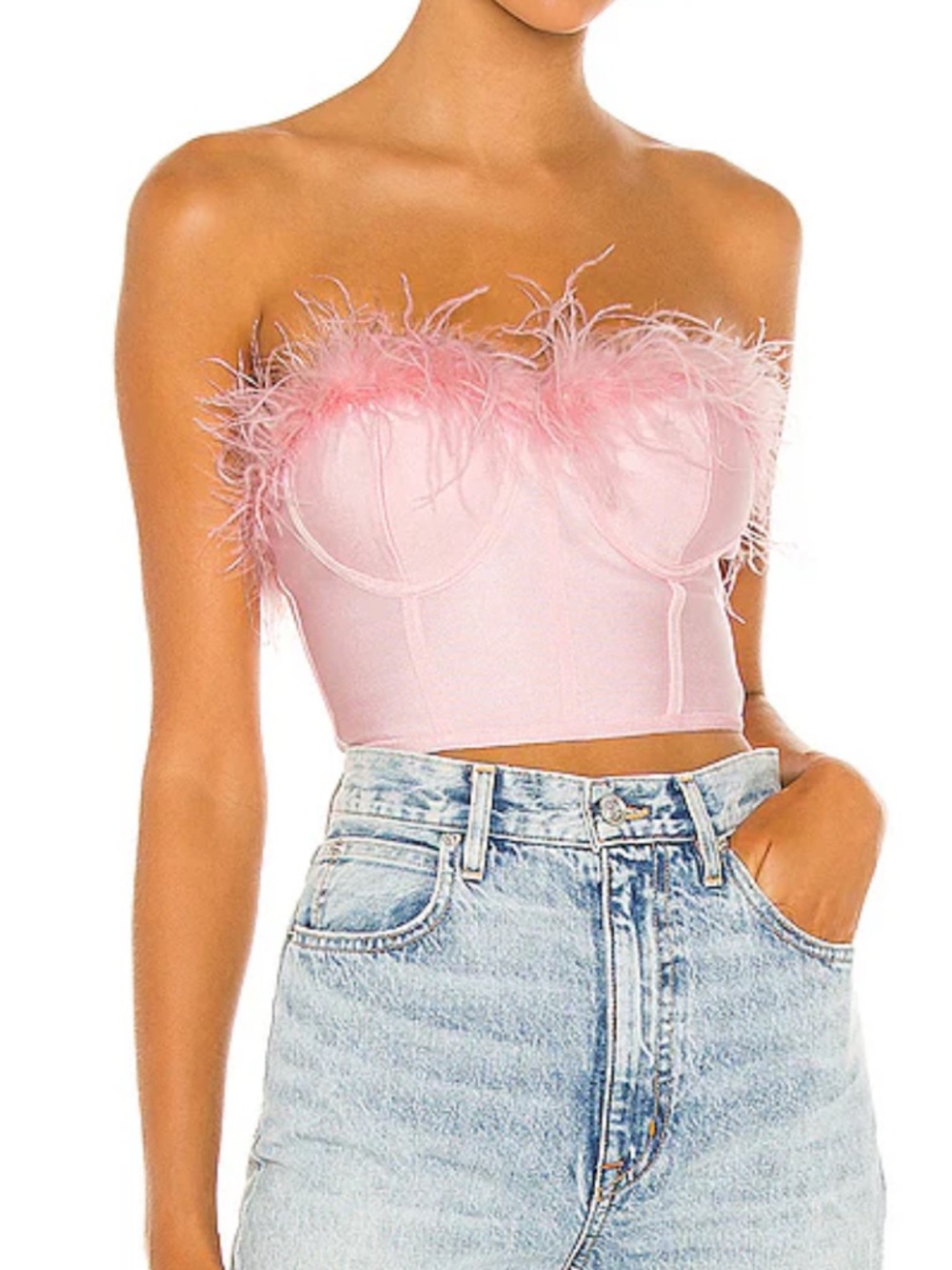 superdown Pink Feather Trim Strapless Crop Top